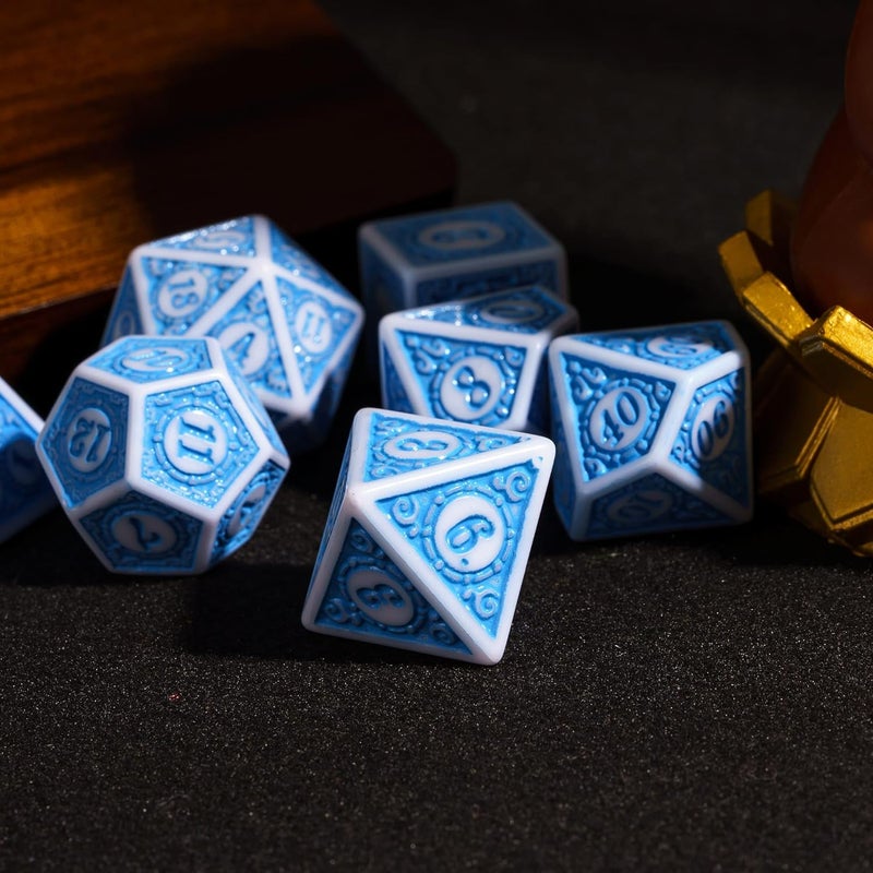 Poludie 7PCs DND Dice Set, Unique Window Lattice Pattern D&D Dice Set with Leather Die Bag, Polyhedral Die for RPG Table Games (Blue/White) - Image 3